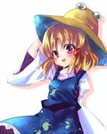  animal_print blonde_hair dress frog_print hair_ribbon hand_on_headwear hat moriya_suwako open_mouth pinafore_dress pink_eyes ribbon sho_(runatic_moon) short_hair simple_background smile solo touhou wide_sleeves 