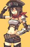  armor belt brown_eyes brown_hair elbow_gloves fantasy_earth_zero fingerless_gloves gauntlets gloves hand_on_hip hat midriff neckerchief scout smile solo tanaka_(cow) thighhighs zettai_ryouiki 