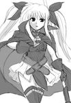  fate_testarossa greyscale long_hair lyrical_nanoha mahou_shoujo_lyrical_nanoha monochrome solo thighhighs yasakani_an 