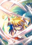  blonde_hair bow capelet dress fingerless_gloves gloves hayakawa_harui looking_at_viewer lyrical_nanoha magic magical_girl mahou_shoujo_lyrical_nanoha mahou_shoujo_lyrical_nanoha_a's pink_eyes raising_heart red_bow rei_(rei's_room) short_hair solo takamachi_nanoha twintails upper_body white_dress 