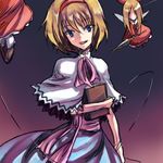  alice_margatroid ascot bangs blue_dress blue_eyes book capelet dress fairy_wings head_tilt looking_at_viewer lowres onimaru_gonpei red_dress sash shanghai_doll solo string touhou white_capelet wings 