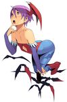  animal_print bare_shoulders bat bat_print blue_legwear detached_sleeves flat_chest go_robots head_wings leotard lilith_aensland pantyhose print_legwear purple_hair red_eyes red_leotard short_hair solo vampire_(game) 