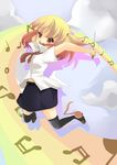  beamed_eighth_notes beamed_sixteenth_notes brown_eyes musical_note necktie open_mouth original quarter_note rainbow rainbow_path skirt solo thighhighs toda_ayu two_side_up whole_note 