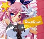  blush breasts chu_x_chu_idol chua_churam cross gloves hair_ornament heterochromia highres impossible_clothes impossible_shirt large_breasts latin_cross long_hair non-web_source official_art ozawa_akifumi pink_hair pointy_ears shirt smile solo star twintails v 