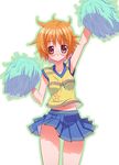  arm_up blue_skirt blush breasts cheerleader glasses looking_at_viewer medium_breasts midriff navel orange_hair pom_poms short_hair simple_background skirt solo tensugi_takashi to_heart_2 white_background yamada_michiru 