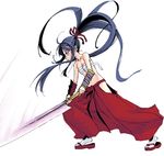  black_hair bushidou_(sekaiju) full_body hakama holding holding_sword holding_weapon japanese_clothes leaning_forward long_hair red_footwear red_hakama sandals sarashi satou_atsuki sekaiju_no_meikyuu simple_background solo standing sword two-handed very_long_hair weapon white_background 