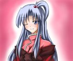  ;) aotori blush breasts cleavage coat hair_bobbles hair_ornament lavender_hair long_hair looking_at_viewer medium_breasts one_eye_closed purple_eyes shinki skin_tight smile solo touhou touhou_(pc-98) upper_body very_long_hair 