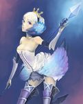  arched_back armor armored_dress bare_shoulders blue_background boots breasts choker cleavage crown detached_sleeves dress face feathers gwendolyn medium_breasts multicolored multicolored_wings odin_sphere polearm purple_eyes short_hair solo spear strapless strapless_dress thigh_boots thighhighs toshi_punk weapon white_hair wings 