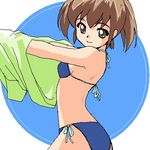  1girl back bikini brown_hair female flat_chest grey_eyes looking_back lowres shirt_lift short_hair short_twintails side-tie_bikini smile solo swimsuit twintails undressing 