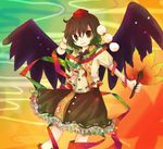  bangs black_hair black_skirt black_wings calligraphy_brush hat kazu_(muchuukai) looking_at_viewer paintbrush pom_pom_(clothes) puffy_short_sleeves puffy_sleeves shameimaru_aya shirt short_hair short_sleeves skirt smile solo tokin_hat touhou white_shirt wings 