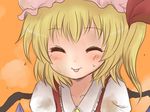  :p aoi_tobira blonde_hair blush closed_eyes dirty facing_viewer flandre_scarlet flying_sweatdrops one_side_up orange_background short_hair smile solo tongue tongue_out touhou upper_body wings 