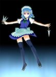  between_fingers black_legwear blue_eyes blue_hair braid izayoi_sakuya izumi_minami knife maid panties pantyshot solo thighhighs touhou underwear 