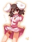  animal_ears black_hair bunny_ears carrot_necklace dress inaba_tewi looking_at_viewer pink_dress puffy_short_sleeves puffy_sleeves red_eyes shirogane_(platinum) short_sleeves solo standing thigh_strap touhou 