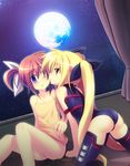  arm_belt blonde_hair fate_testarossa hair_ribbon kazekawa_nagi lyrical_nanoha magical_girl mahou_shoujo_lyrical_nanoha mahou_shoujo_lyrical_nanoha_a's moon multiple_girls one_eye_closed purple_eyes red_eyes red_hair ribbon takamachi_nanoha thighhighs twintails window yuri 