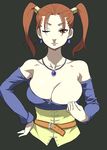  bare_shoulders breasts cleavage dragon_quest dragon_quest_viii dress jessica_albert large_breasts nora_higuma one_eye_closed purple_shirt red_eyes red_hair shirt solo strapless strapless_dress twintails 