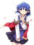  blue_eyes blue_hair cape hair_ornament hairclip pikachi pleated_skirt pointy_ears red_cape rena_lanford skirt solo star_ocean star_ocean_the_second_story 