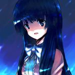  bangs black_hair blue_eyes blunt_bangs bow bowtie food houraisan_kaguya long_sleeves onimaru_gonpei solo sparkle touhou upper_body white_bow white_neckwear 