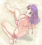  :d areola_slip areolae back barefoot bikini blush breasts butt_crack cleavage dressing fate/stay_night fate_(series) feet from_above hair_ribbon hirose_(mokiki) large_breasts long_hair looking_up matou_sakura open_mouth purple_eyes purple_hair ribbon side-tie_bikini sideboob sitting smile soles solo swimsuit untied 