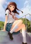  brown_eyes brown_hair convenient_leg highres hoshino_yuumi kibina_high_school_uniform kimi_kiss kneehighs school_uniform sitting sitting_on_stairs socks solo stairs tanaka_shoutarou 