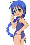  :3 adjusting_clothes adjusting_swimsuit alternate_hairstyle ass bangs blue_hair blue_swimsuit braid caryo closed_mouth cowboy_shot finger_to_cheek flat_chest from_side green_eyes izumi_konata lifted_by_self light_smile long_hair looking_at_viewer looking_back lowres lucky_star midori_boushi mole mole_under_eye name_tag one-piece_swimsuit one-piece_tan school_swimsuit sidelocks simple_background single_braid smile solo swimsuit swimsuit_lift tan tanline very_long_hair white_background 