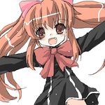  :d aloe_(quiz_magic_academy) black_dress bow bowtie brown_eyes brown_hair dress fang hair_bow lowres oekaki open_mouth outstretched_arms quiz_magic_academy smile solo spread_arms yuugiri 