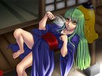  barefoot building c.c. code_geass creature fan green_hair long_hair long_sleeves looking_at_viewer lying on_back paper_fan shiraki_(artist) solo tatami toes uchiwa very_long_hair wide_sleeves wooden_floor yellow_eyes 