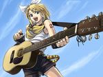  acoustic_guitar blonde_hair blue_eyes day guitar instrument kagamine_rin minarai_zouhyou sky solo vocaloid 