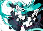  ahoge aqua_hair aqua_nails arm_tattoo bangs belt black_legwear black_skirt boots breasts cable collared_shirt covered_eyes detached_sleeves feet_out_of_frame hair_ornament hair_over_eyes hand_up hatsune_miku headphones holding koi_wa_sensou_(vocaloid) long_hair megaphone miniskirt miwa_shirou nail_polish number open_mouth oversized_object partially_colored pleated_skirt shirt shouting skirt sleeveless sleeveless_shirt small_breasts solo supercell tattoo teeth thigh_boots thighhighs twintails very_long_hair vocaloid white_background white_shirt zettai_ryouiki 
