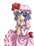  ;) blue_hair blush comic dress frills hat looking_at_viewer mob_cap one_eye_closed pink_dress pink_hat puffy_short_sleeves puffy_sleeves red_eyes remilia_scarlet short_hair short_sleeves simple_background smile solo togashi_yuu touhou white_background wrist_cuffs 