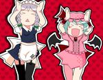  &gt;_&lt; artist_request caramelldansen closed_eyes izayoi_sakuya multiple_girls remilia_scarlet thighhighs touhou triangle_mouth 