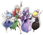  bad_id bad_pixiv_id blonde_hair blue_eyes blue_hair book braid cirno green_eyes hair_ribbon hat hong_meiling kasuga_ayumu_(haruhipo) multiple_girls outstretched_arms patchouli_knowledge purple_hair red_eyes red_hair ribbon rumia spread_arms touhou v 