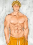  1boy abs bangs bara blonde_hair closed_mouth fairyfeeler granblue_fantasy green_eyes hands_in_pockets large_pectorals looking_at_viewer male_focus male_swimwear muscular muscular_male navel nipples orange_male_swimwear pectorals short_hair simple_background solo topless_male vane_(granblue_fantasy) 