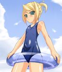  blonde_hair buresu copyright_request covered_nipples flat_chest green_eyes innertube one-piece_swimsuit ponytail school_swimsuit see-through solo swimsuit 