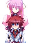  1girl blue_eyes blush closed_eyes couple erio_mondial hair_between_eyes head_tilt height_difference hetero hug long_hair looking_at_viewer lyrical_nanoha mahou_shoujo_lyrical_nanoha_strikers pink_hair red_hair signum simple_background spiked_hair utanone_shion white_background 