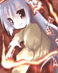  bangs blush bow fire flame fujiwara_no_mokou hair_bow long_hair long_sleeves looking_at_viewer lowres multi-tied_hair red_eyes silver_hair solo tareme touhou upper_body very_long_hair white_bow 