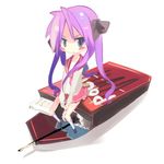  blue_eyes bow chibi food hiiragi_kagami kanikama lowres lucky_star pocky purple_hair solo 