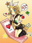  bad_id bad_pixiv_id blonde_hair blue_eyes cellphone hair_ornament hairpin heart kagamine_rin phone ribbon solo soysauce_(pixiv47673) vocaloid 