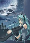  aqua_hair hatsune_miku long_hair moon nagareboshi night solo thighhighs twintails vocaloid 