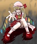  ascot bare_legs blonde_hair collar crystal demon_wings dress flandre_scarlet frills knees_up looking_at_viewer mary_janes outstretched_arms puffy_short_sleeves puffy_sleeves red_dress red_eyes shoes short_hair short_sleeves socks solo tori_rui touhou white_legwear wings 