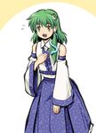  1girl :o blue_skirt blush detached_sleeves frog_hair_ornament green_eyes green_hair hair_ornament hand_on_own_chest haniwa_(leaf_garden) kochiya_sanae long_hair long_sleeves looking_at_viewer nontraditional_miko open_mouth skirt solo standing surprised touhou vest 