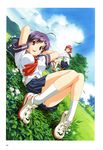  ahoge arms_behind_head artbook bicycle day dutch_angle ground_vehicle happoubi_jin highres ishibashi_tsubame long_sleeves lying maruishi_otona multiple_girls on_back open_mouth outdoors panties panty_peek plantar_flexion pleated_skirt purple_hair red_eyes riding school_uniform separate_blue serafuku shoes short_sleeves skirt sneakers underwear white_legwear 