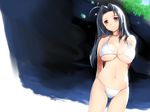  ahoge arms_behind_back bikini blue_hair blush breasts covered_nipples hima idolmaster idolmaster_(classic) idolmaster_1 large_breasts long_hair miura_azusa navel outdoors red_eyes smile solo standing swimsuit underboob wallpaper 
