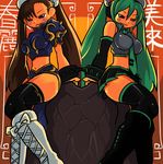  between_breasts black_legwear boots breasts brown_hair bun_cover chun-li double_bun gloves green_hair hair_ornament hatsune_miku large_breasts long_hair midriff multiple_girls navel necktie okera pleated_skirt red_eyes skirt smile street_fighter thick_thighs thighhighs thighs twintails very_long_hair vocaloid zettai_ryouiki 