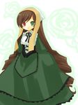  :o bangs black_ribbon blush corset dress drill_hair eyebrows_visible_through_hair floral_background frilled_dress frills green_dress green_eyes head_scarf heterochromia layered_dress long_hair long_sleeves looking_at_viewer open_mouth red_eyes ribbon rozen_maiden solo standing suiseiseki swept_bangs tareme twin_drills very_long_hair yuzuki_(yuduame) 