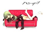  boots c.c. code_geass couch detached_sleeves green_hair long_hair lying mizunomoto solo thigh_boots thighhighs 