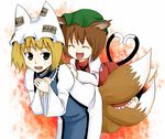  :d animal_ears bad_id bad_pixiv_id blonde_hair blush brown_hair cat_ears cat_tail chen china_dress chinese_clothes closed_eyes dress fox_tail green_eyes hat heart heart_tail long_sleeves multiple_girls open_mouth pillow_hat ribbon roas short_hair smile tail touhou wide_sleeves yakumo_ran 