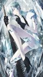  1other androgynous antarcticite blue_eyes boots colored_eyelashes crack cracked eyebrows_visible_through_hair eyes_visible_through_hair finger_to_mouth gem gem_uniform_(houseki_no_kuni) gloves high_heel_boots high_heels highres houseki_no_kuni looking_at_viewer missing_limb necktie saw shards short_hair silver_hair smile solo sword watakei_(16161717) weapon white_hair 