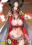  amazon areolae black_hair blue_eyes boa_hancock breasts cape cleavage collarbone cover cover_page earrings groin highres hips huge_breasts isao jewelry looking_at_viewer narrow_waist naughty_face navel one_piece open_mouth revealing_clothes salome_(one_piece) snake snake_earrings solo tongue wide_hips 