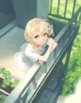  balcony blonde_hair dress foreshortening grey_eyes leaning looking_at_viewer lowres original outdoors plant scenery short_hair solo standing weno weno's_blonde_original_character 