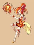  bike_shorts blush boots brown_shorts choker cure_sunny earrings fire full_body grin hair_bun highres hino_akane_(smile_precure!) jewelry magical_girl orange_(color) orange_background orange_choker orange_hair orange_skirt pinkie precure red_eyes short_hair shorts shorts_under_skirt skirt smile smile_precure! solo thigh_boots thighhighs white_legwear 